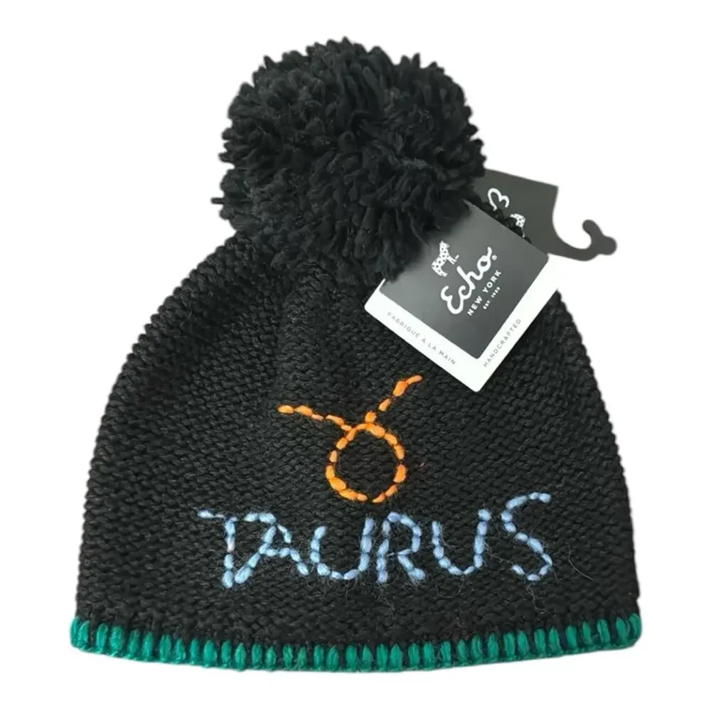 New Echo Wool Blend Taurus Zodiac Pom Pom Beanie Black Colorful Ski Retro
